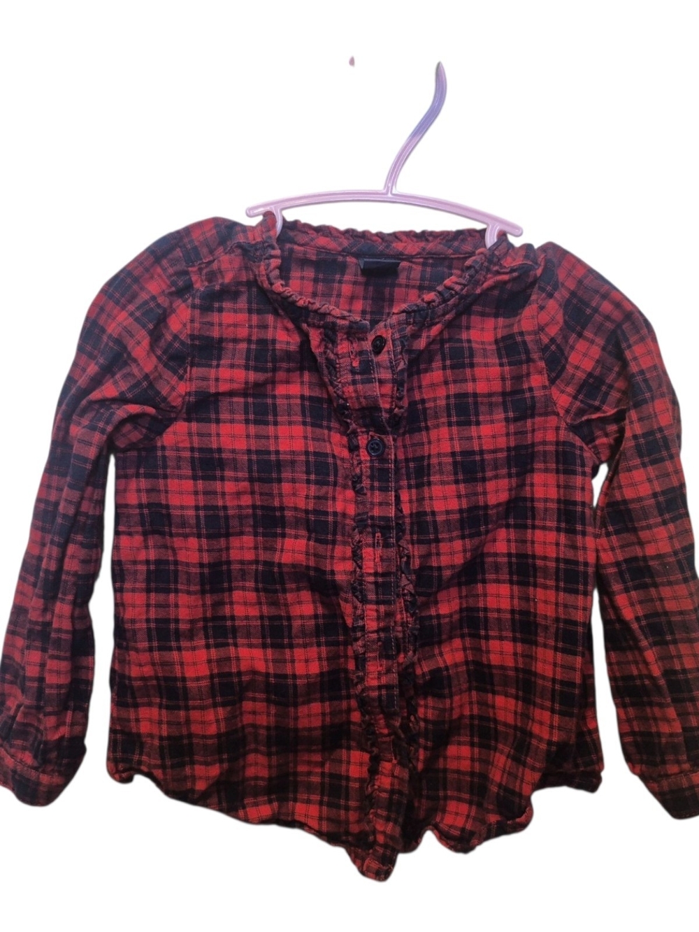 GAP Red and Black Plaid Ruffle-Trim Button Front Top